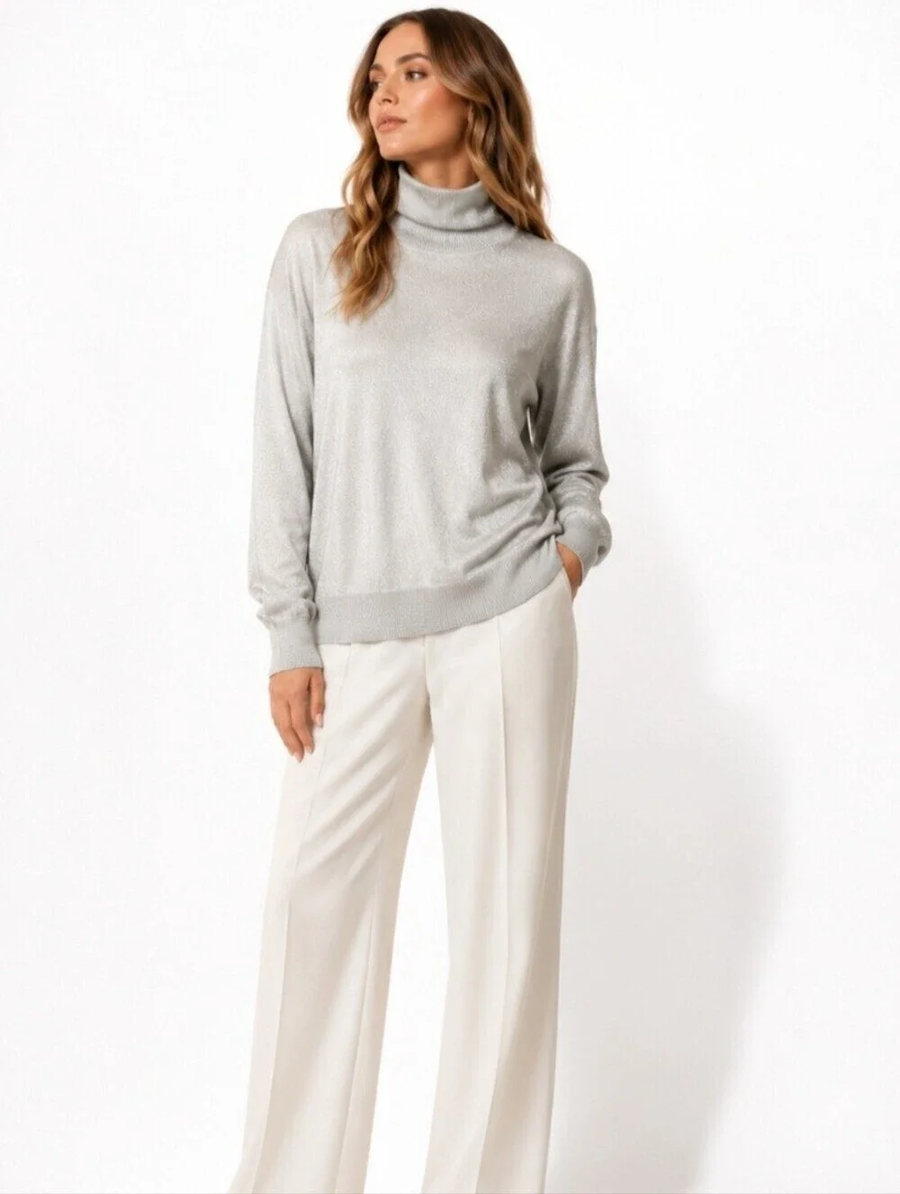 Composition NY Silk Blend Metallic Shimmer Turtleneck Sweater L Taupe Beige